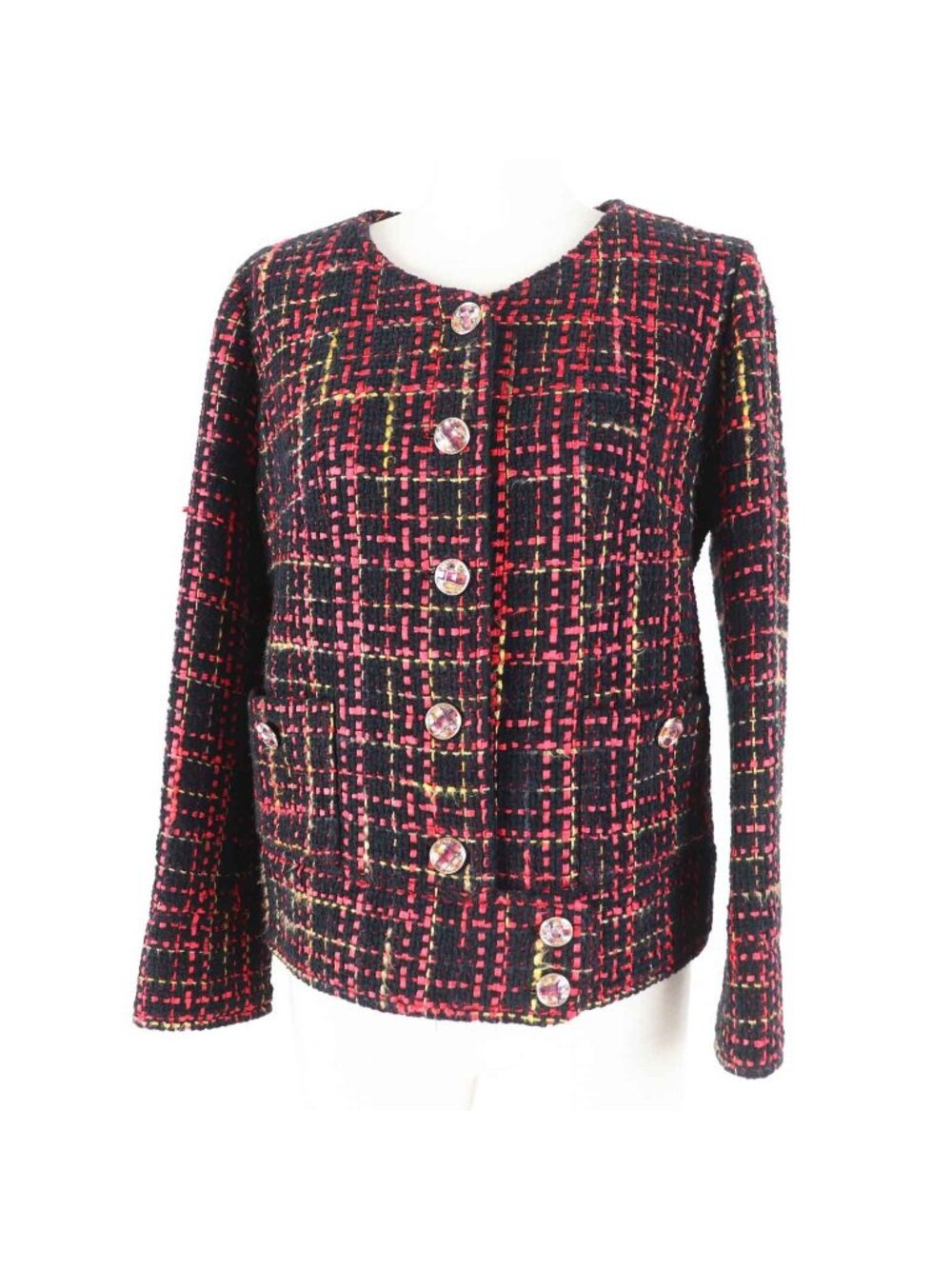 Chanel 22A CC Logo Bijou Button Ribbon Tweed Collarless Jacket Black Red Yellow